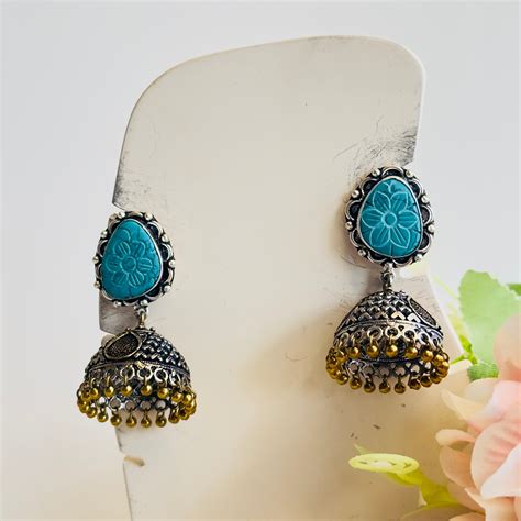 Silver Tone Turquoise Blue Jhumka Earrings – Stridhan