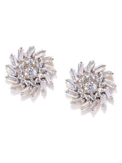 Gold-Plated American Diamond Studded Stud Earrings in Floral Pattern ...