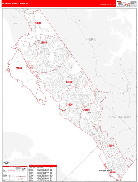 Newport News County, VA Zip Code Wall Map Red Line Style by MarketMAPS ...