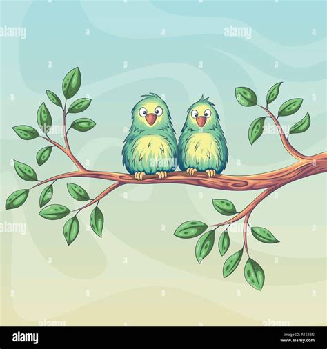 Download this stock vector: Two birds are sitting on a branch - R1E3BN ...