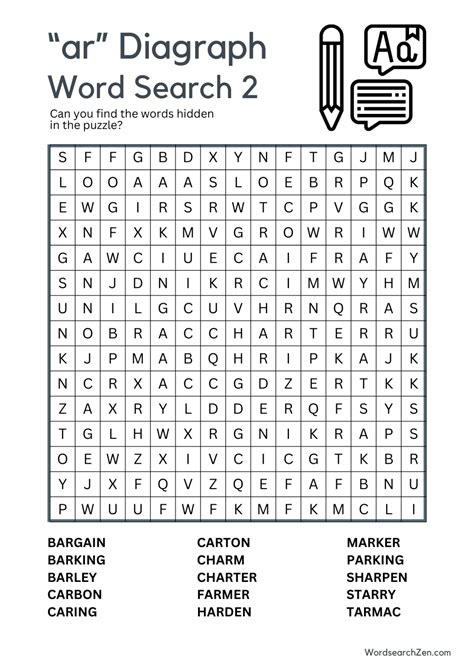 ar Diagraph Word Search Free Printable PDF File - WordsearchZen.com