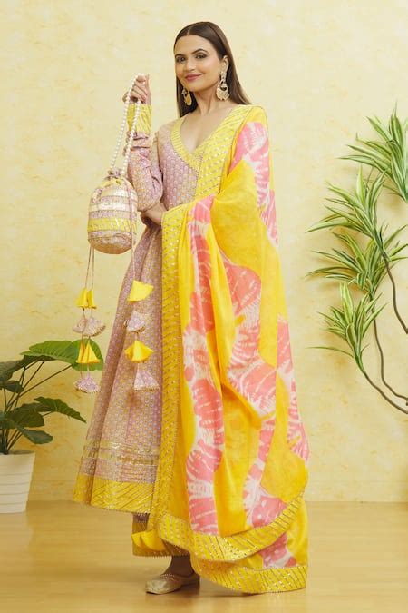 Buy Yellow Cotton Tassels, Embroidery V-neck Gota Anarkali Pant Set For ...