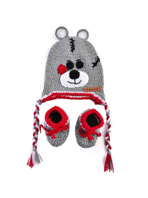 Kids Teddy Handmade Cap With Booties- Grey & Red – The Original Knit