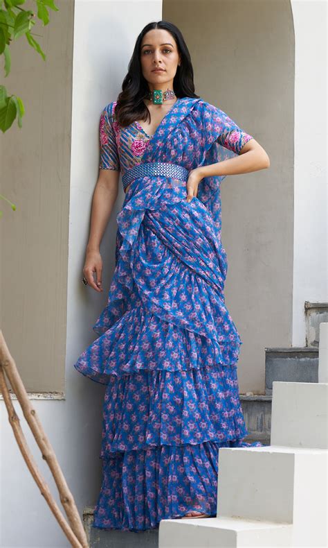 Farzeen - Cobalt Blue Floral-Leheriya Pre-draped Saree with belt ...