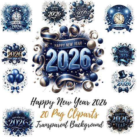 Buy Happy New Year 2026 PNG Cliparts Bundle, 2026 New Year PNG, Blue ...