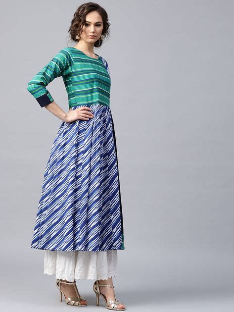 Blue & Green striped 3/4th sleeve cotton Anarkali kurta – Nayo Clothing