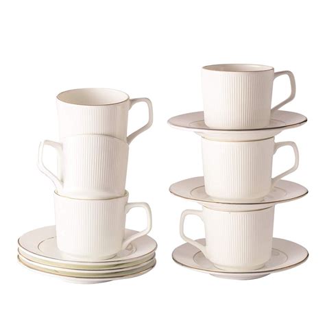 Ceramic Gold Line With Vertical Bar White Tea Cups Set with Saucer, 20