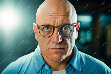 Premium Photo | Bald fat man with glasses is looking at the camera