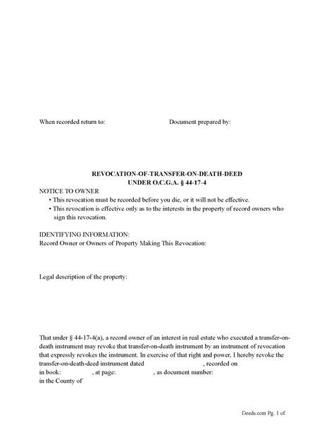 Baldwin County Revocation of Transfer on Death Deed Form | Georgia ...
