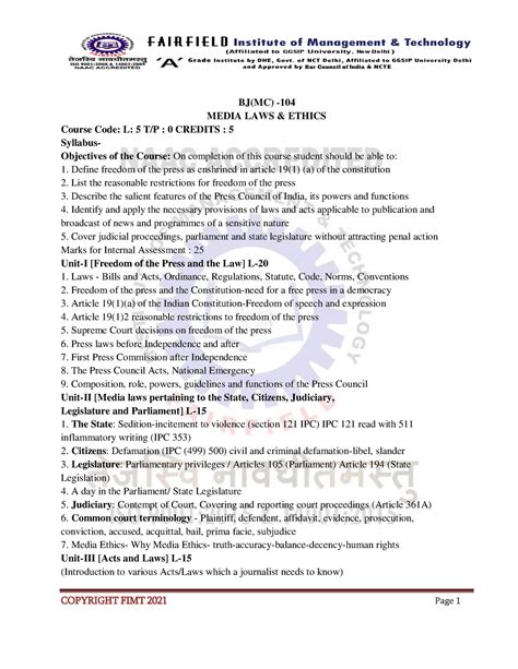 Media laws - END SEMESTER FILES! - BJ(MC) - MEDIA LAWS & ETHICS Course ...