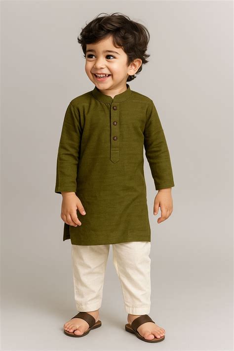 Olive Green Kurta Set With Off White Pants For Boys – Lagorii Kids