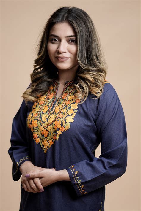 Blue cotton aari work kurti with multicoloured designer flower