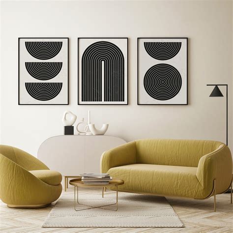 Abstract Black and White Geometric Art Set of 3, Modern Wall Art, Mid ...