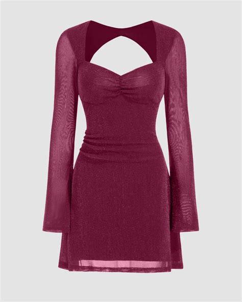 Sweetheart Bell Sleeve Glitter Cut Out Ruched Mini Dress in Maroon ...