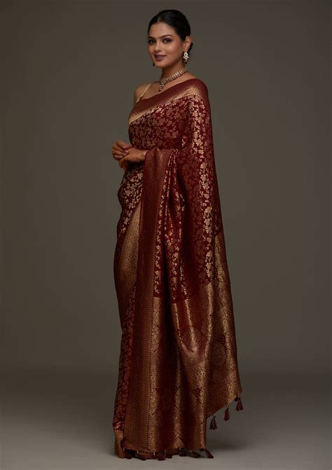 Buy Maroon Zari Work Banarasi Saree - Koskii