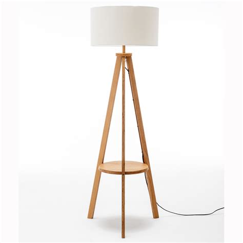 Natural Wooden Tripod Floor Lamp w/ Round Wood Shelf + Off White Linen ...