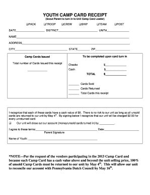 Fillable Online padutchbsa Youth Camp Card Receipt Form - PA Dutch ...