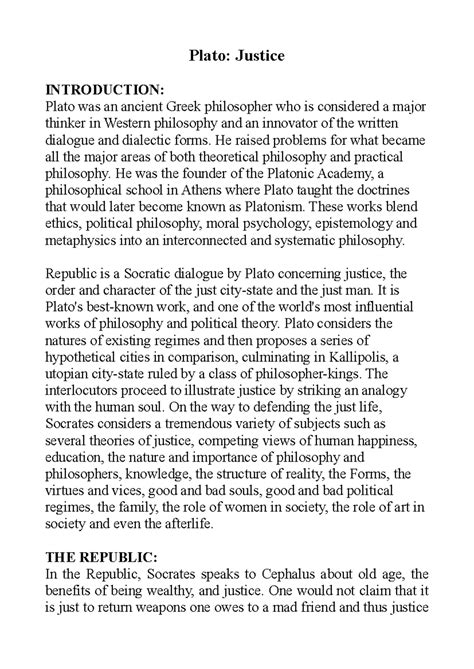 Plato's justice - Plato: Justice INTRODUCTION: Plato was an ancient ...
