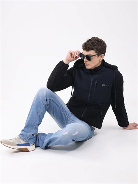 Buy Rock.it Men Navy Blue Solid Hooded Full Sleeve Reversible Jacket ...