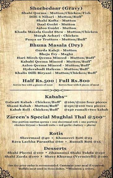 Menu at Zareen's Dastarkhwan, Delhi