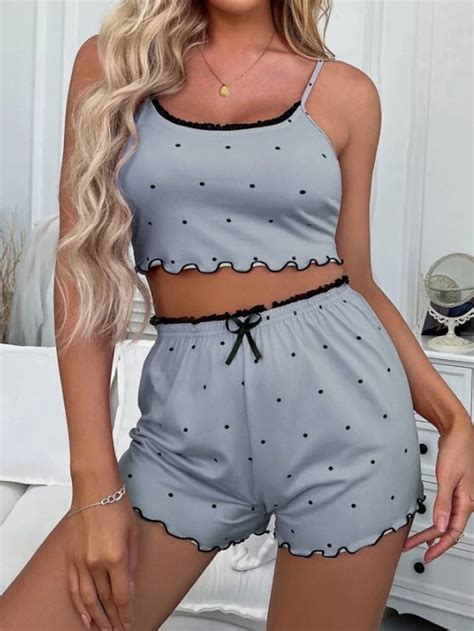 Women's Valentine Pajama Sets 2 Pieces Dot Print Lettuce Trim Crop Cami ...