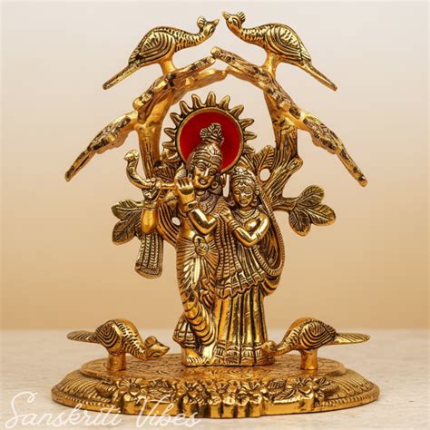 Radha Krishna Standing Playing Flute Under Tree – Metal Idol Statue ...
