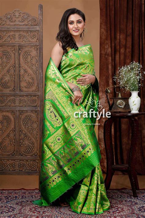 Crayola Green Soft Swarnachari Saree with Golden Zari Meena Work – Craftyle