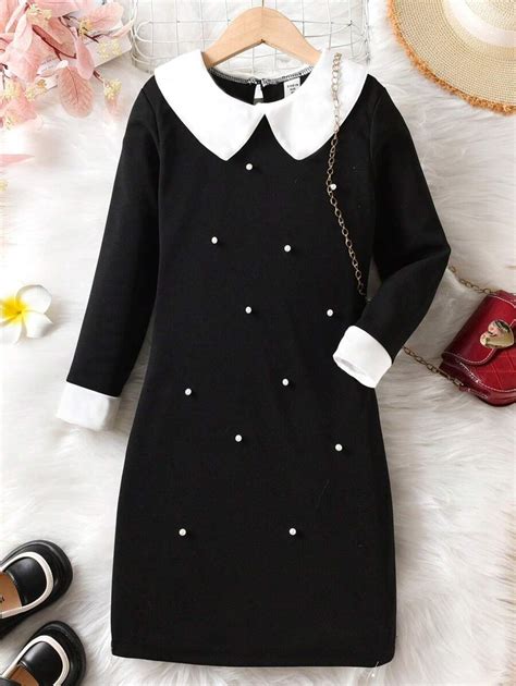 SHEIN Tween Girl Contrast Collar Pearls Beaded Fitted Dress | SHEIN USA