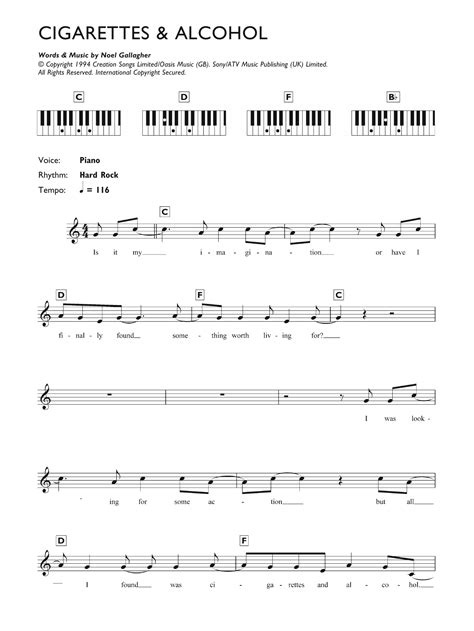 Cigarettes and Alcohol by Oasis Sheet Music for Piano Chords/Lyrics at ...
