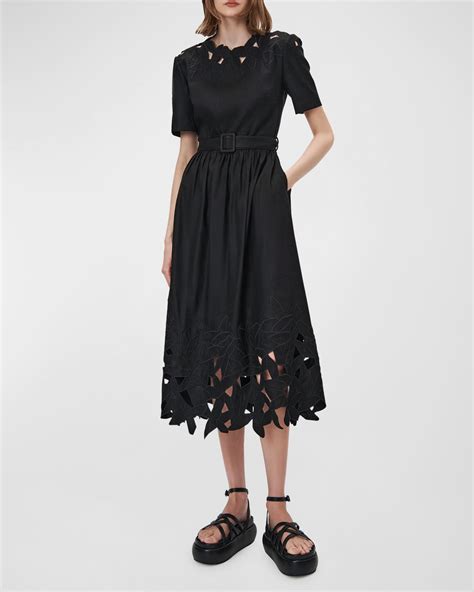 SIMKHAI Jilly Embroidered Short-Sleeve Belted Midi Dress | Neiman Marcus