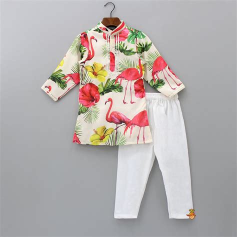 Tropical Floral And Swan Printed Kurta With Pyjama