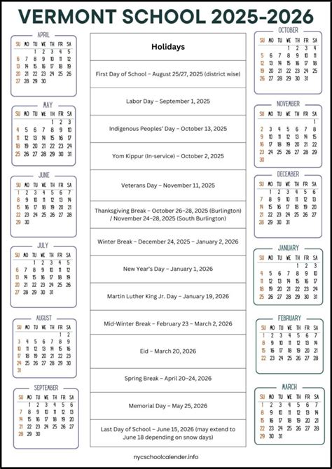 Vermont Schools Calendar (VT) 2025-2026 [Schedule]