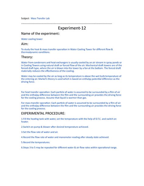 Experiment-12 (Water cooling tower) - Subject: Mass Transfer Lab ...