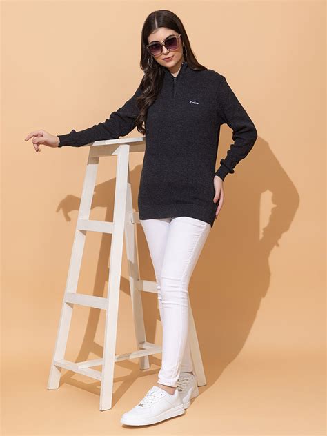 Women Half Zipper Self Knitted Sweater - Kvetoo
