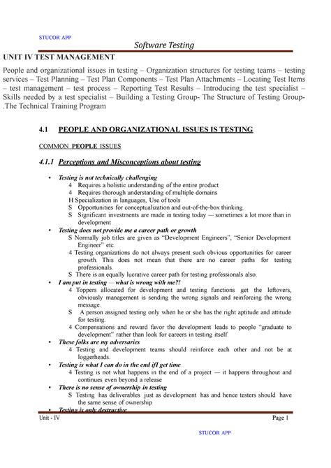 ST-unit 4 notes - UNIT IV TEST MANAGEMENT People and organizational ...