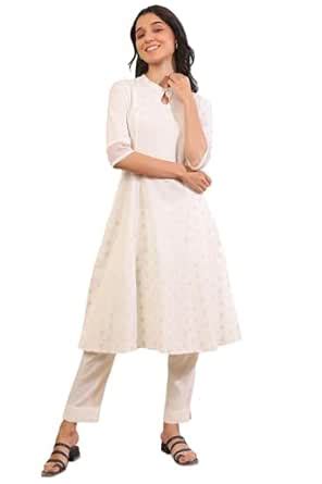 Buy Aurelia Women's White Yarn Dyed Cotton Blend Flarred Kurta (Size ...