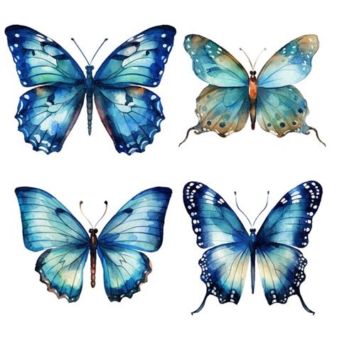 Four different butterflies painted in watercolor on a white background ...