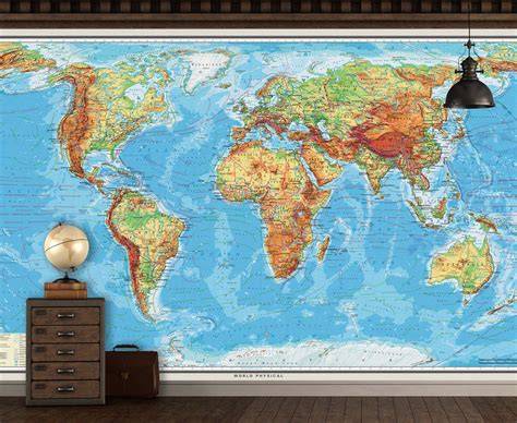 Physical World Map Mural Wallpaper World Map Mural