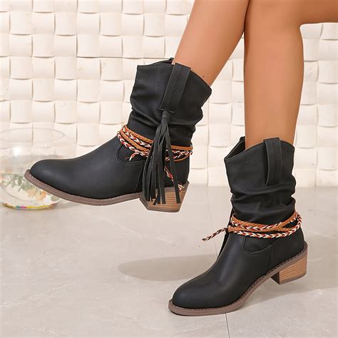 Women s Tassel Decor Chunky Heel Boots Fashion Slip Dress - Temu Canada