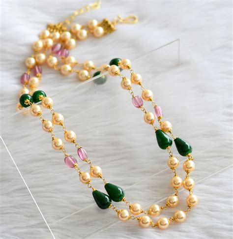 Gold tone pink-green-gold pearl double layer mala dj-44355 – dreamjwell