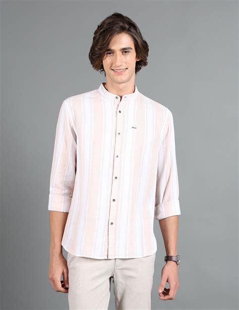 IDENTITI Men Slim Fit Mandarin Collar Striped Shirt In Peach.