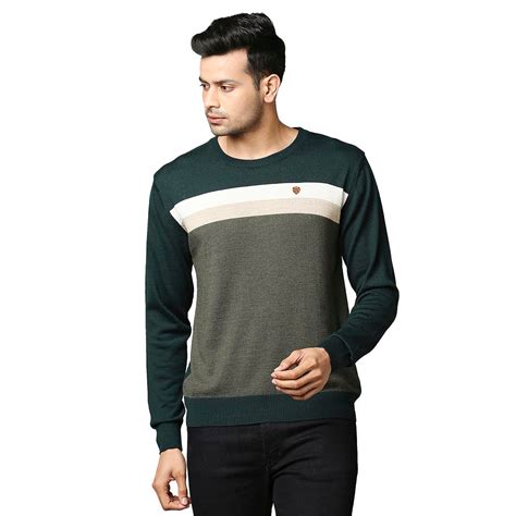 Men Green Stripe Acrylic Wool Blend Round Collar Sweaters – MyRaymond