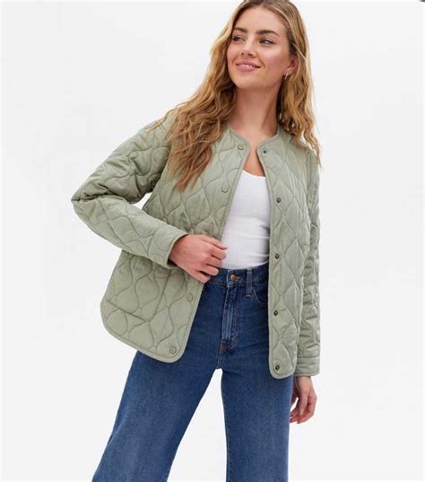 Khaki Quilted Collarless Jacket | New Look