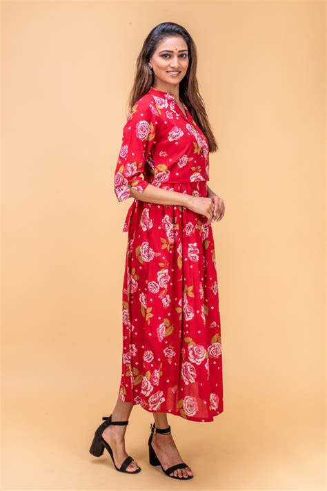 Red Collared Maxi with White Roses – Meera Bharadwaj