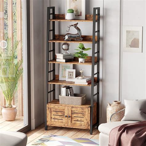 Buy IRONCK Bookshelf with Louvered Doors, 4-Tier Ladder Shelf with ...