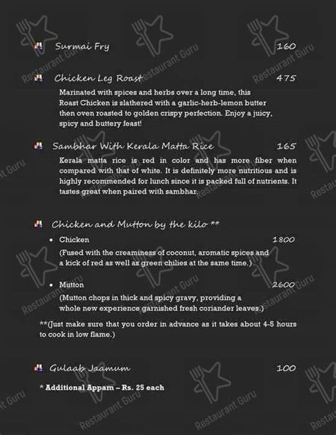 Menu at Fort Kochi, Mumbai