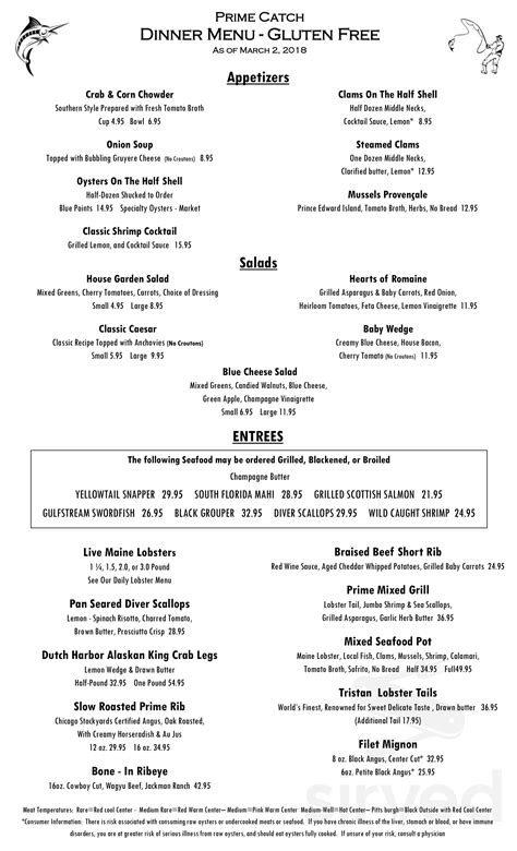 prime catch menu in Boynton Beach, Florida, USA