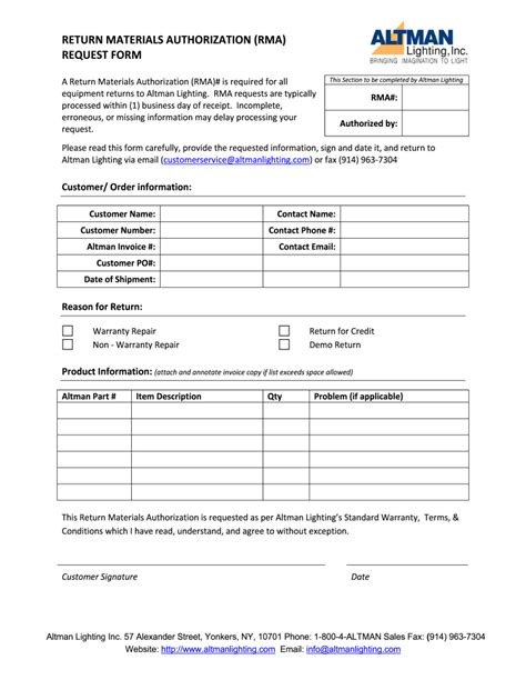 Altman Lighting Return Materials Authorization RMA Form - Fill Online ...