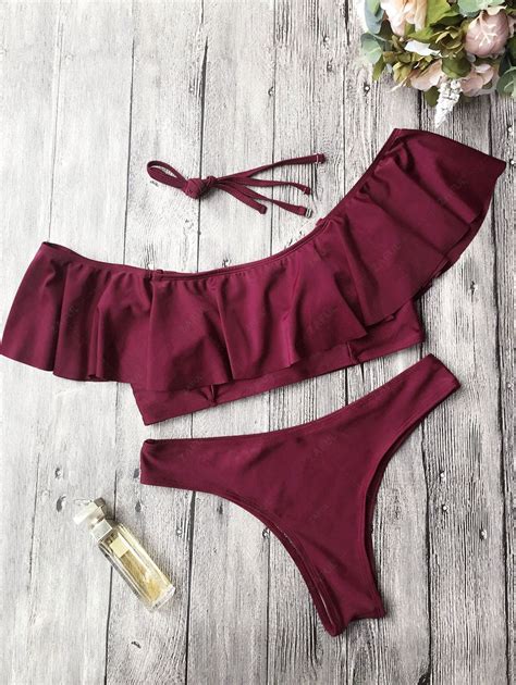 Ruffles Off Shoulder Bathing Suit In BURGUNDY | ZAFUL 2024