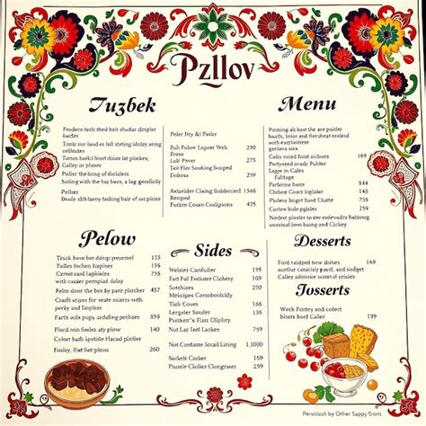 Меню Uzbek Plov с красочными узорами вышивки Suzani и идеей ...